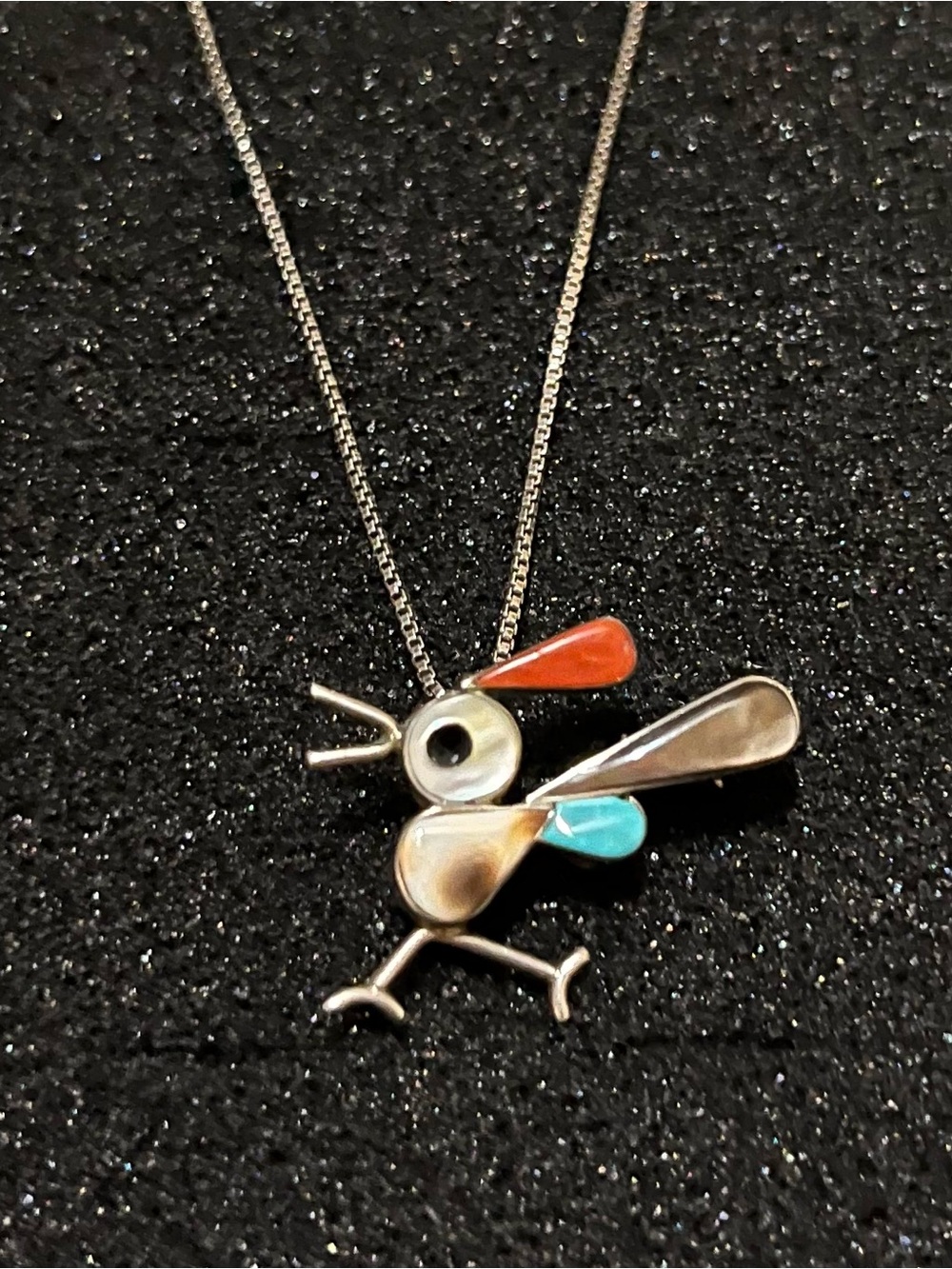 Native Sterling Silver Bird Pendant/Brooch Necklace Turquoise Coral Stones
